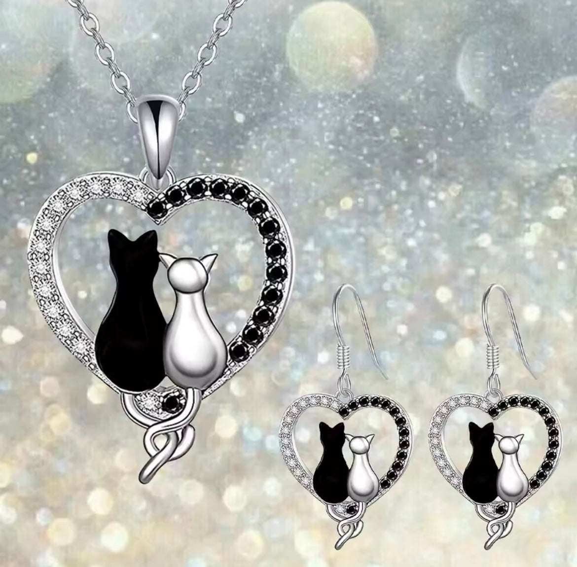Black Cat White Cat Heart-shaped Necklace Earrings