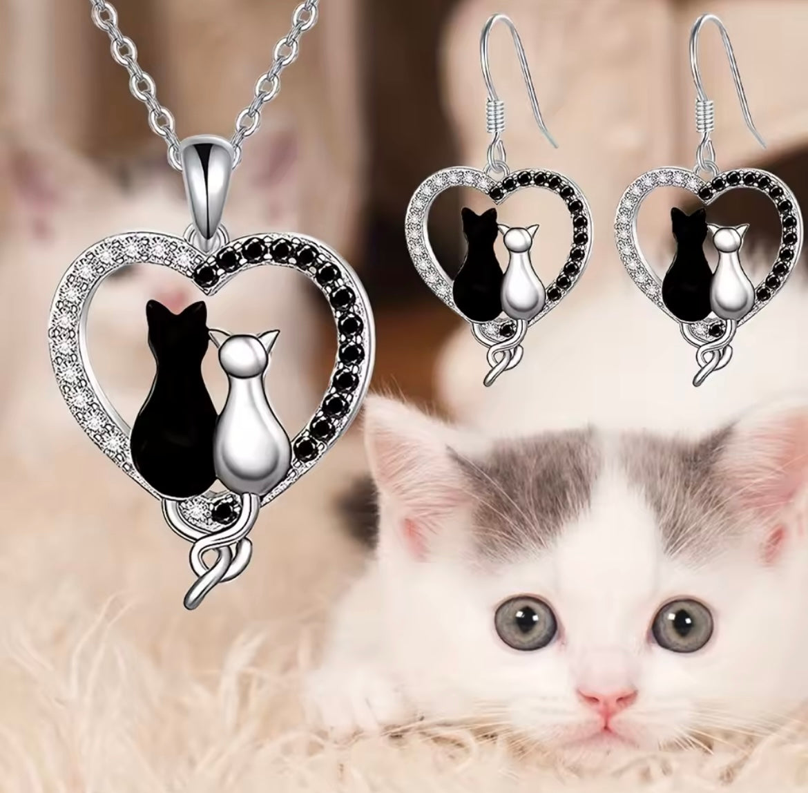 Black Cat White Cat Heart-shaped Necklace Earrings