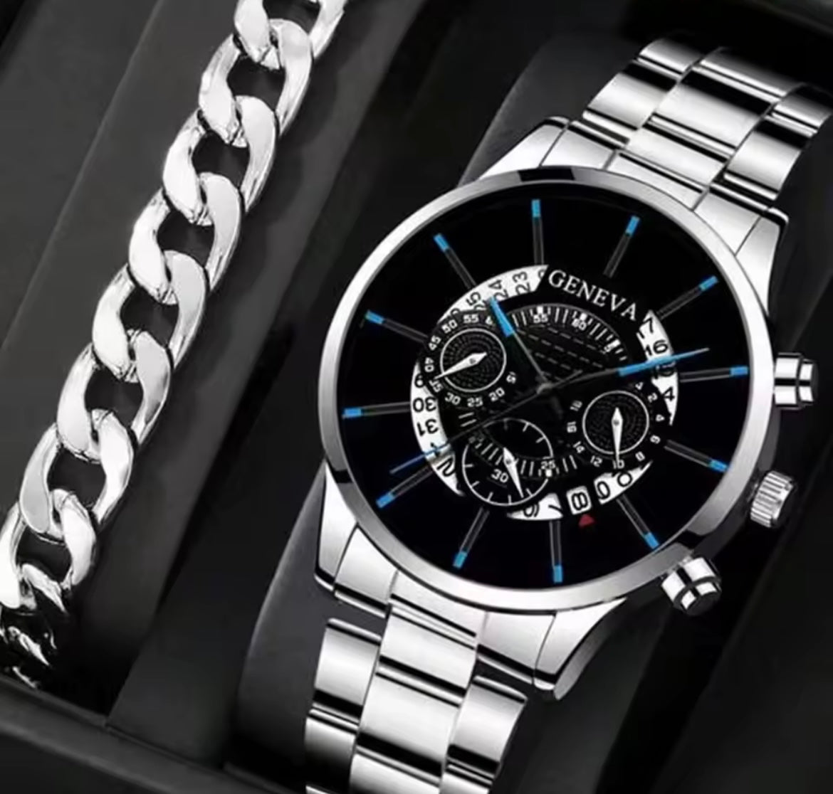 2pcs Luxury Men Business Watch Stainless Steel Watches for Men