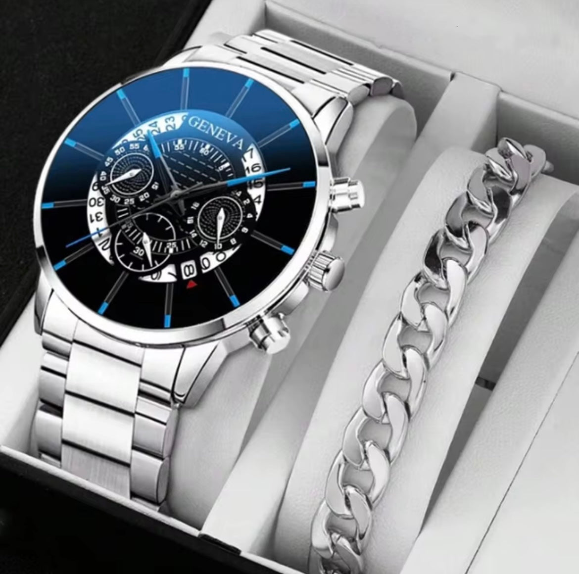 2pcs Luxury Men Business Watch Stainless Steel Watches for Men