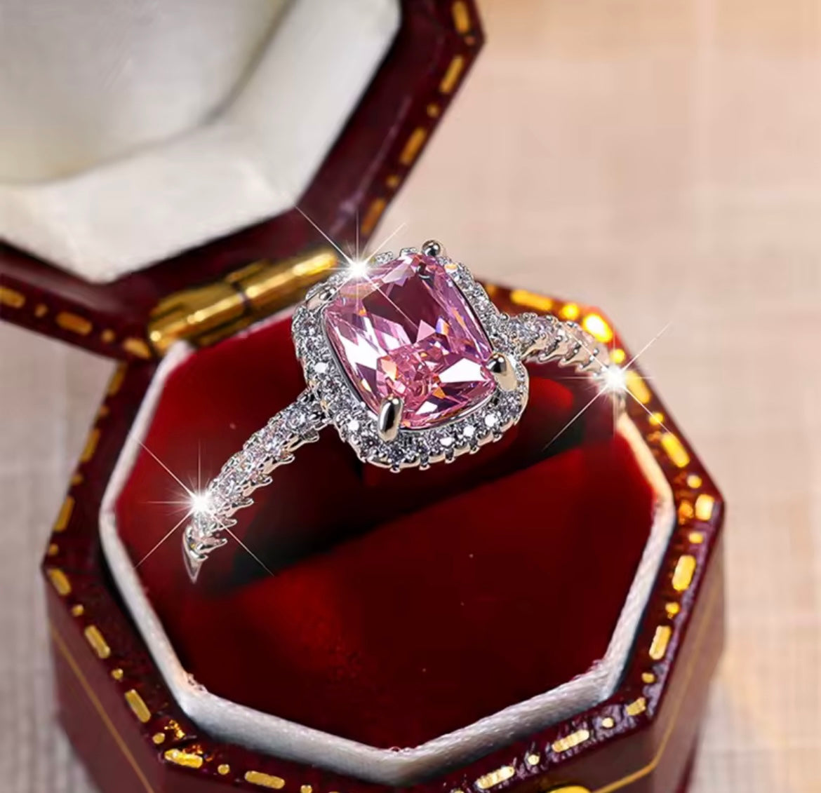 925 Sterling silver pink Square Zircon Ring