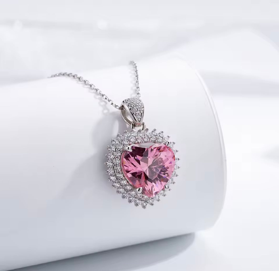 925 Sterling Sliver Pink Heart Pendant Necklace