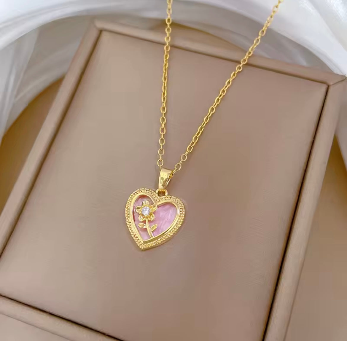 Stainless Steel Chain Necklace Romantic Pink Enamel Zircon Flower Love Heart Pendant