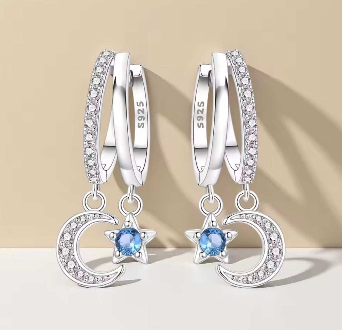 925 Sterling Silver Double Circle Star Moon Earrings