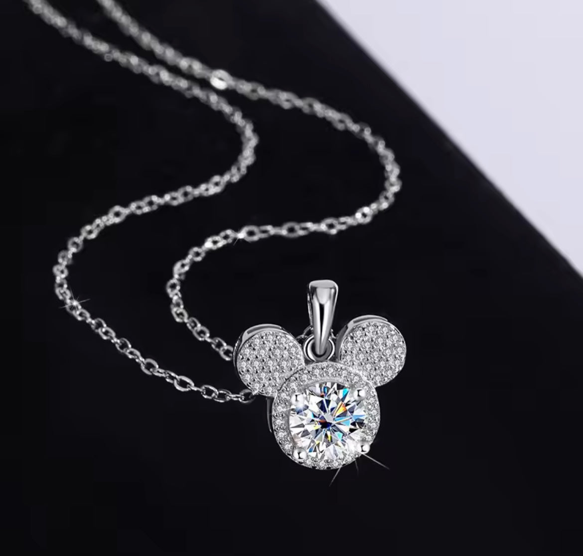 925 Sterling Silver White Zircon Mickey Pendant Necklace