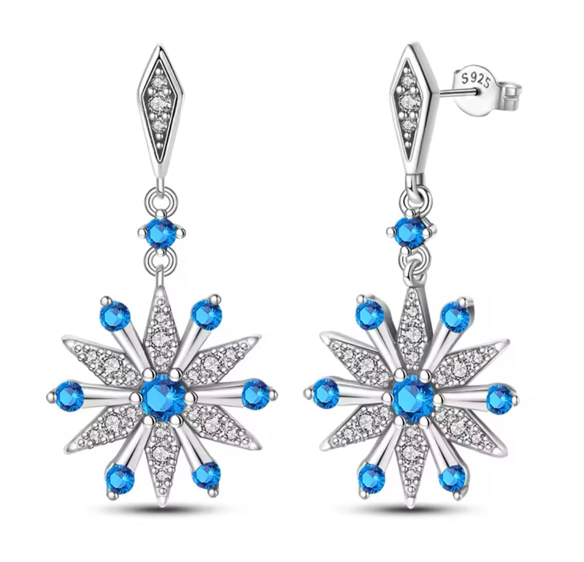 925 Sterling silver blue snow flake earrings