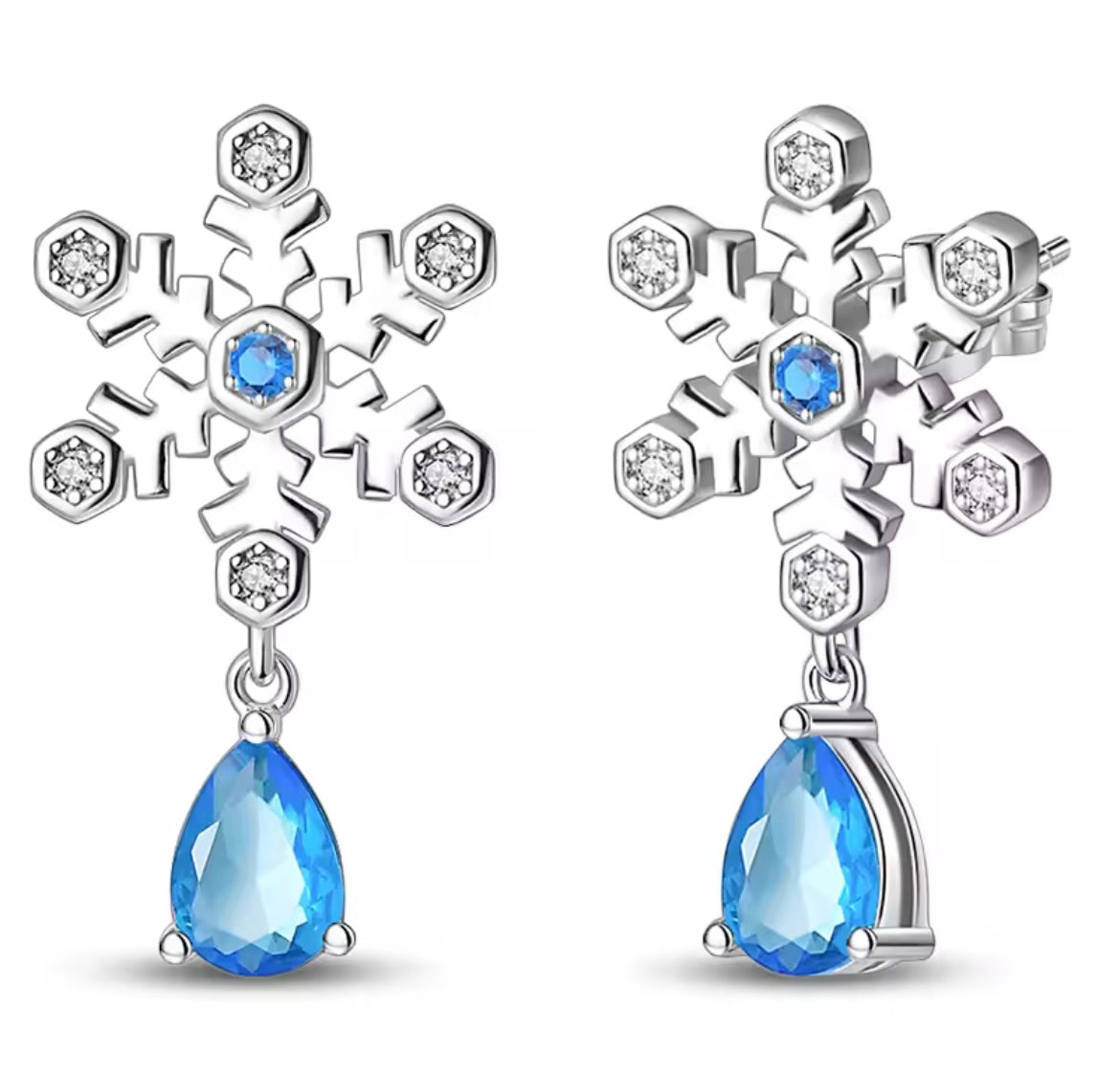 925 Sterling silver blue snowflake drop earrings