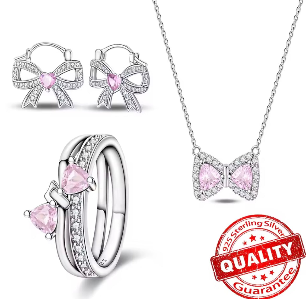925 Sterling silver pink bow set