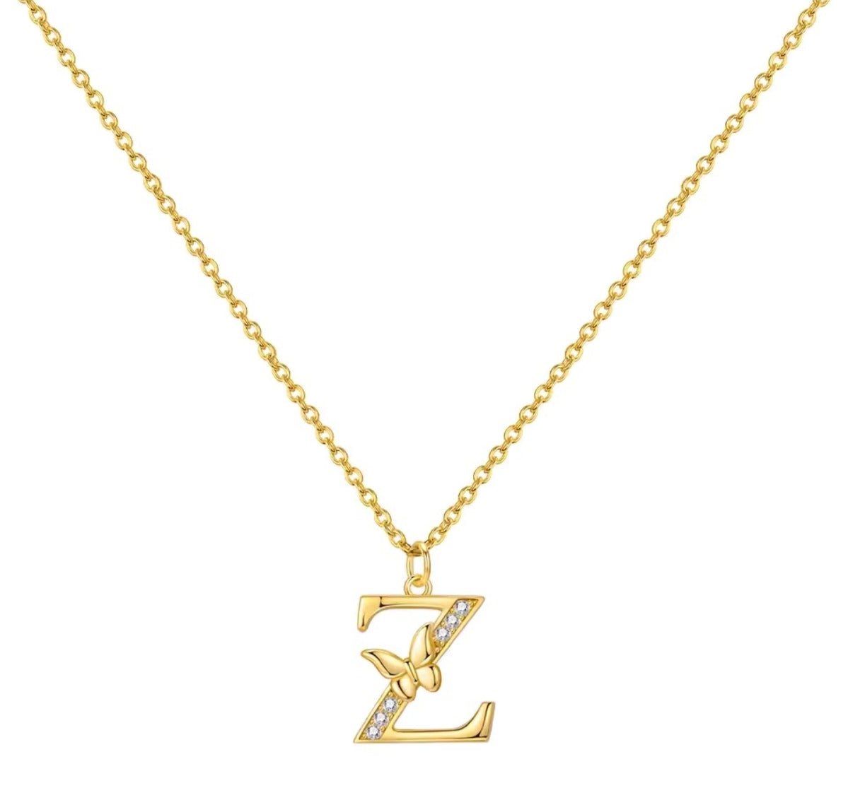 925 Sterling Silver Gold-Plated Butterfly Initial Letter Necklace