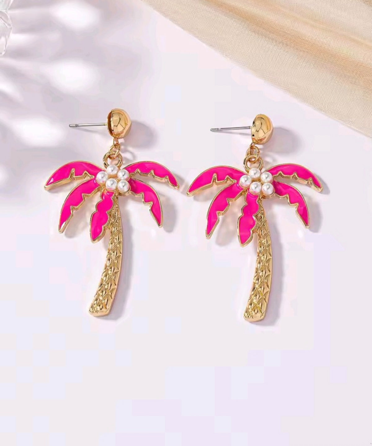 14k gold pink palm tree earrings