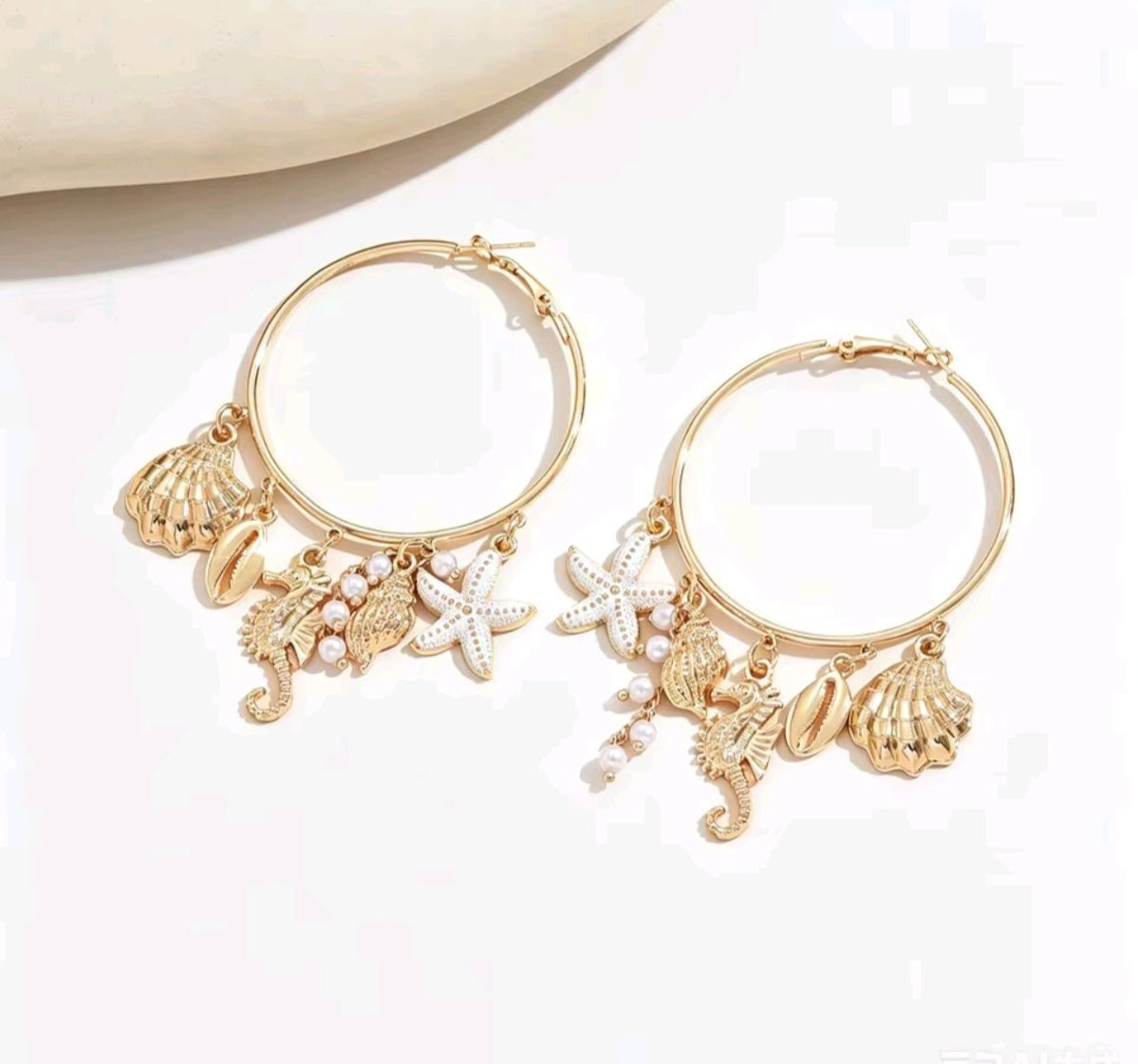 Boho Summer Festival Beach Starfish Shel Seahorse Faux Pearl Charm Hoop Dangle Earrings
