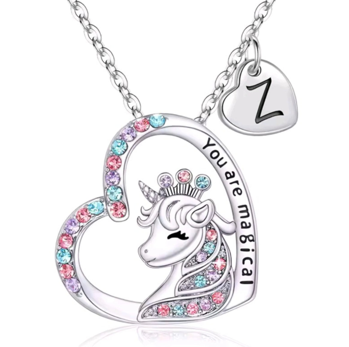 Initials letter heart unicorn necklace