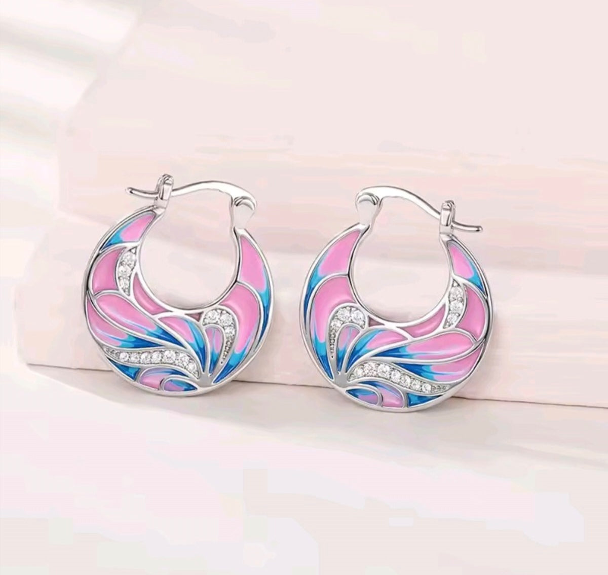 925 Sterling Silver Blue & Pink Enamel Hoop Clip-On Earrings