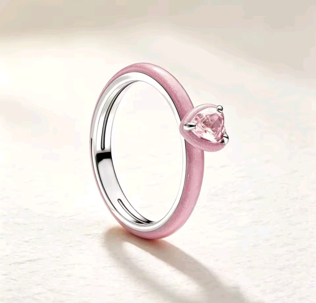 925 Sterling Silver Pink Heart Enamel Band Ring