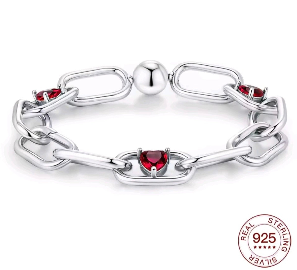 925 Sterling Silver Link Charm Bracelet with Red Heart