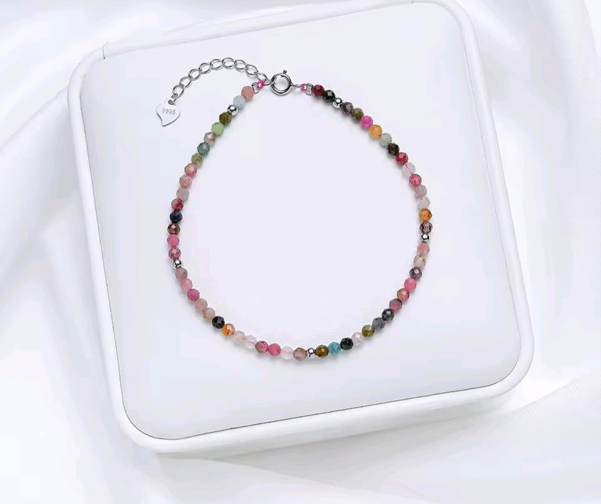 925 Sterling Silver Multicoloured Natural Stone Tourmaline Beaded Bracelet