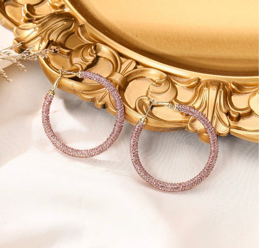 14k gold pink crystal hoop earrings