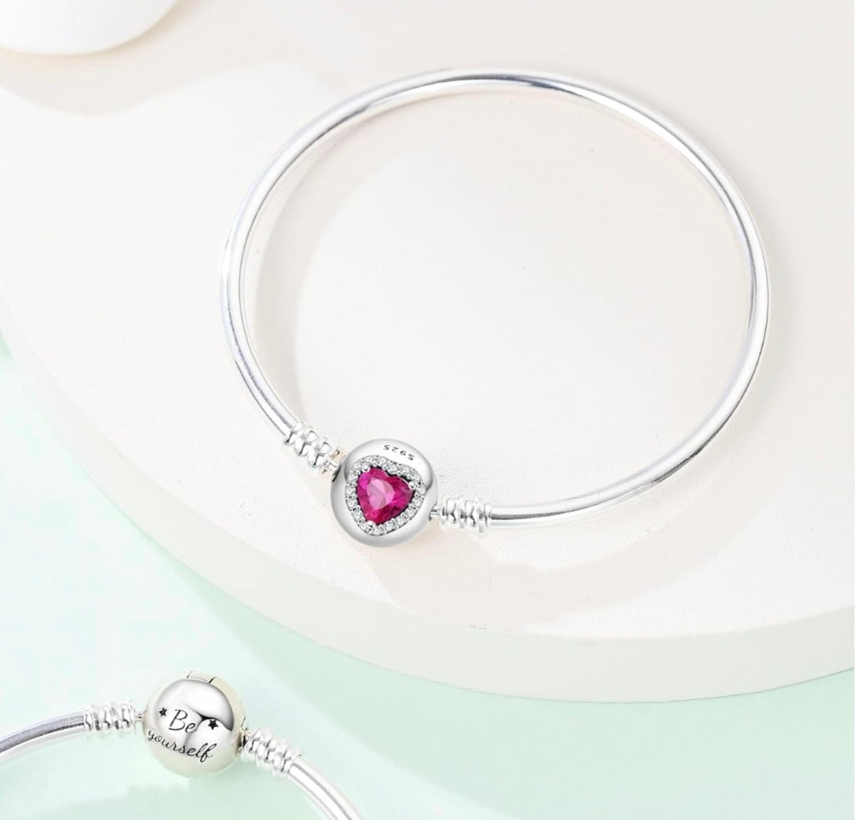 925 Sterling Silver red heart bangle charm bracelet
