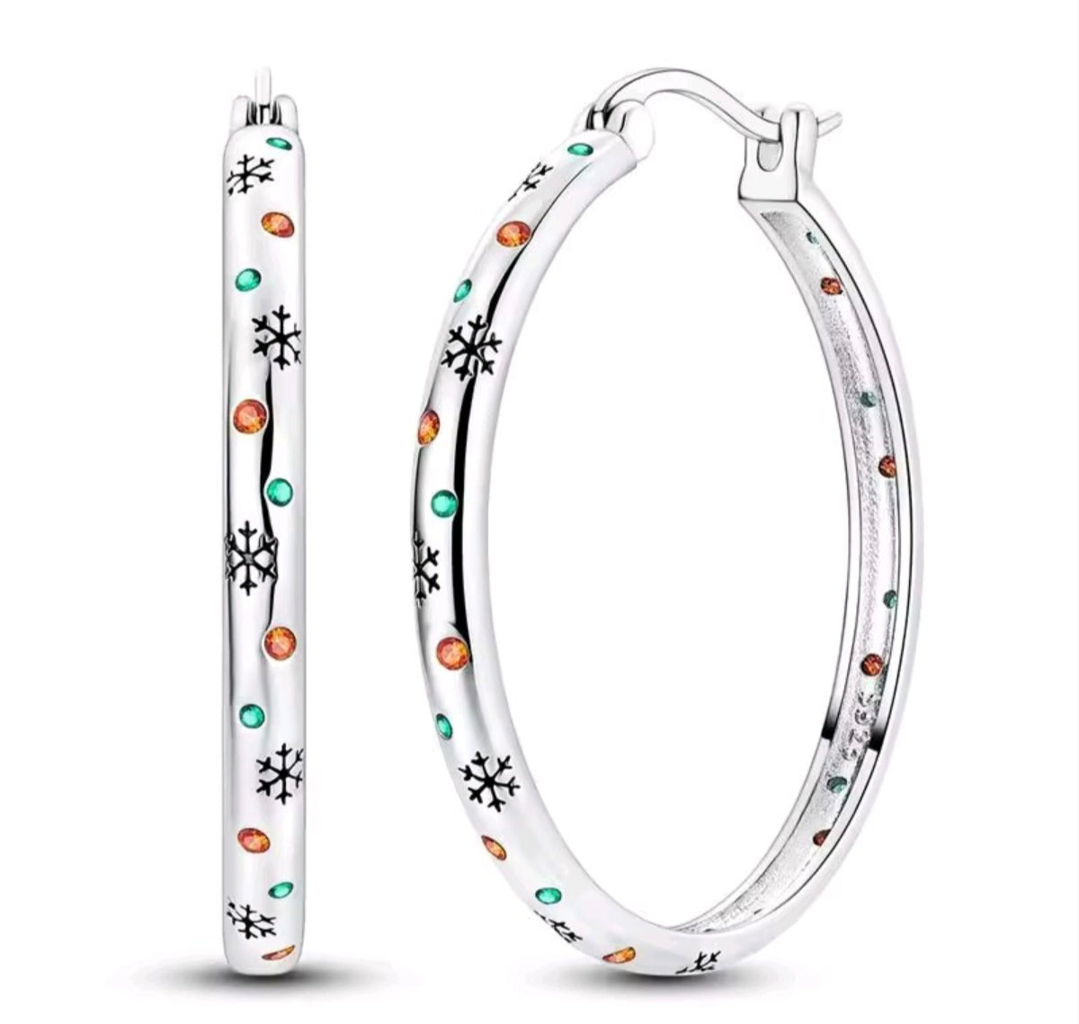 925 Sterling Silver Snowflake & Colorful CZ Hoop Earrings