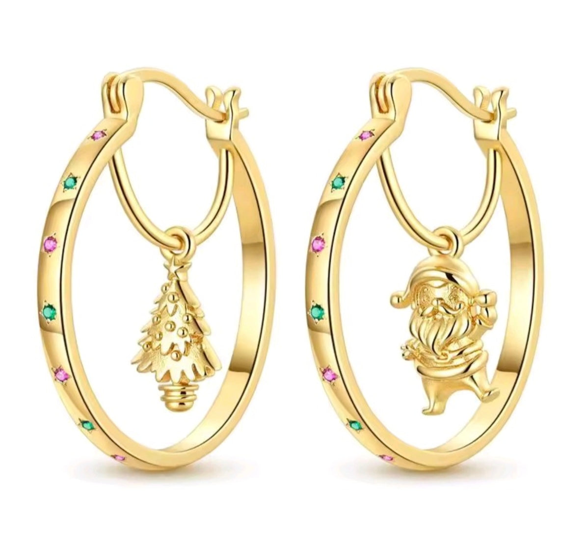 925 Sterling Silver gold plated Christmas Santa and Tree Hoop Earrings.
