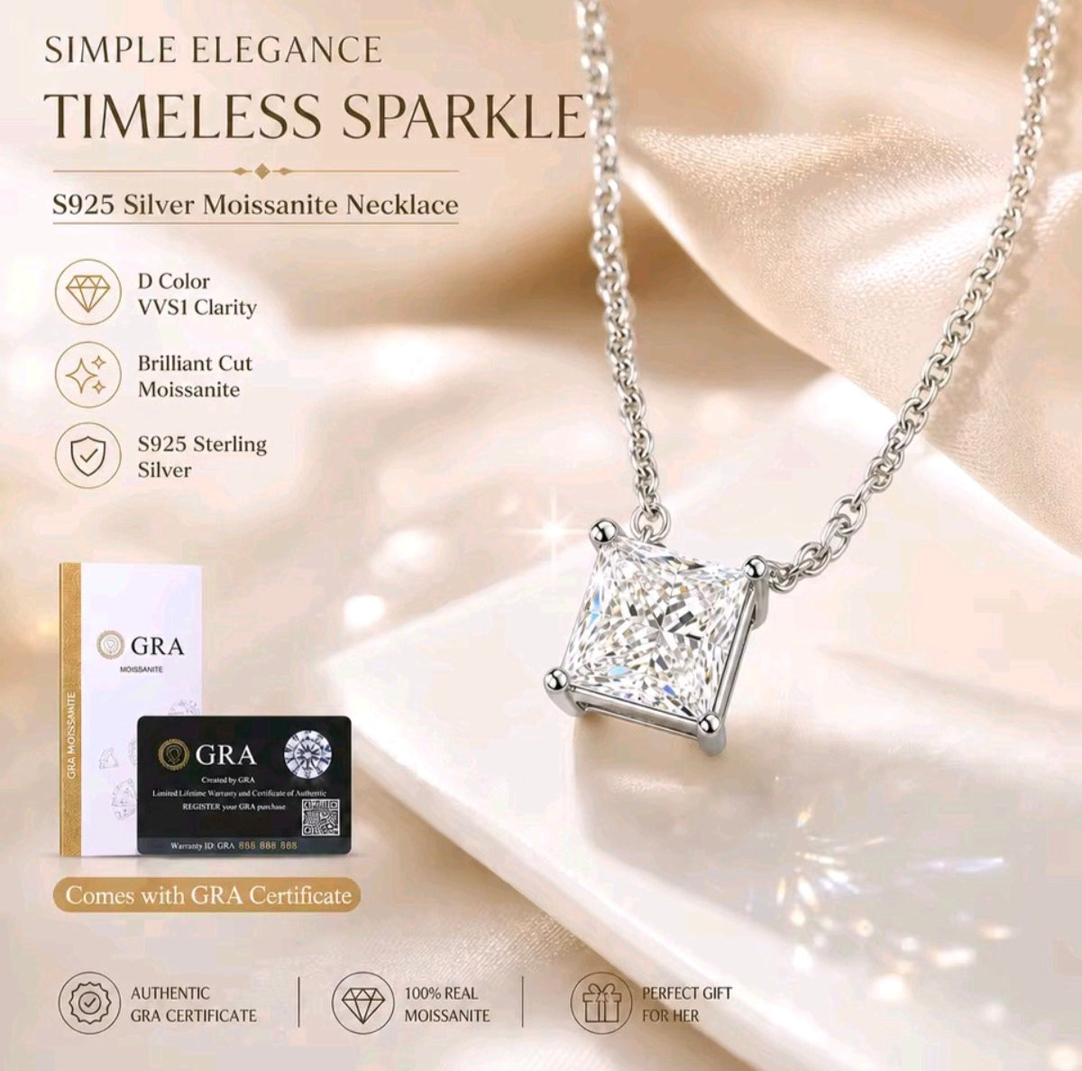 925 Sterling Silver 18K Gold Moissanite Princess-Cut Necklace