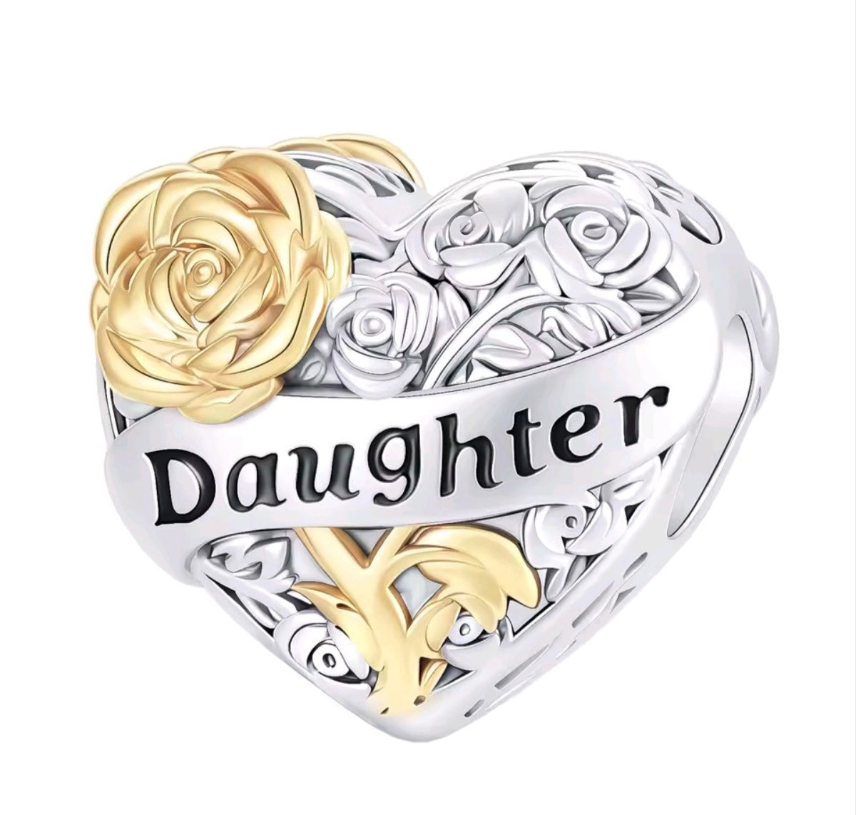 925 Sterling Silver Gold & Silver Rose Daughter Heart charm