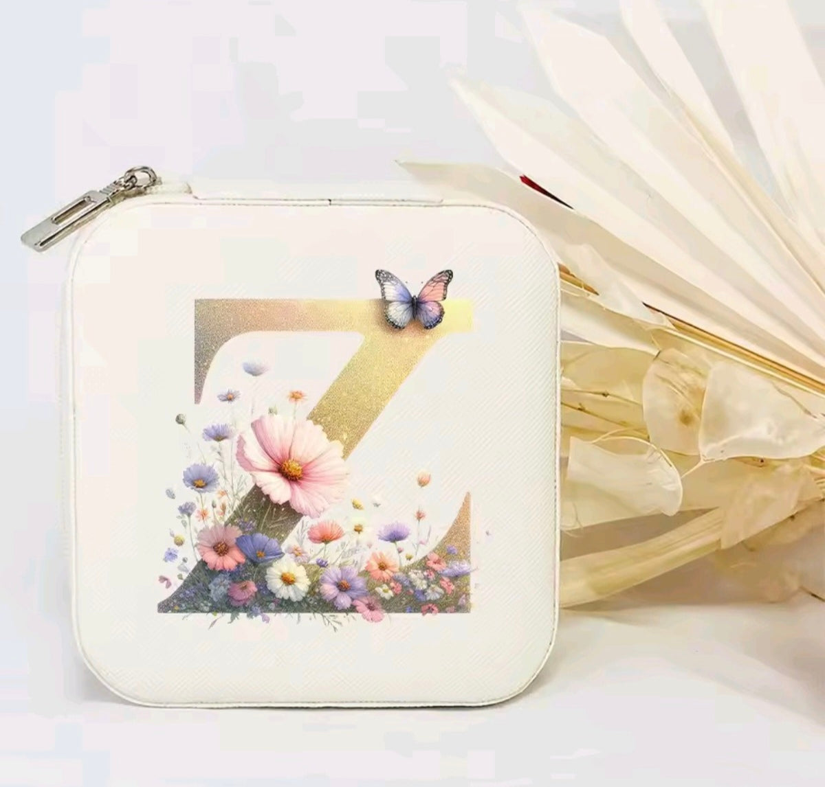 White PU Leather Portable Jewelry Box with Floral Design & Letter