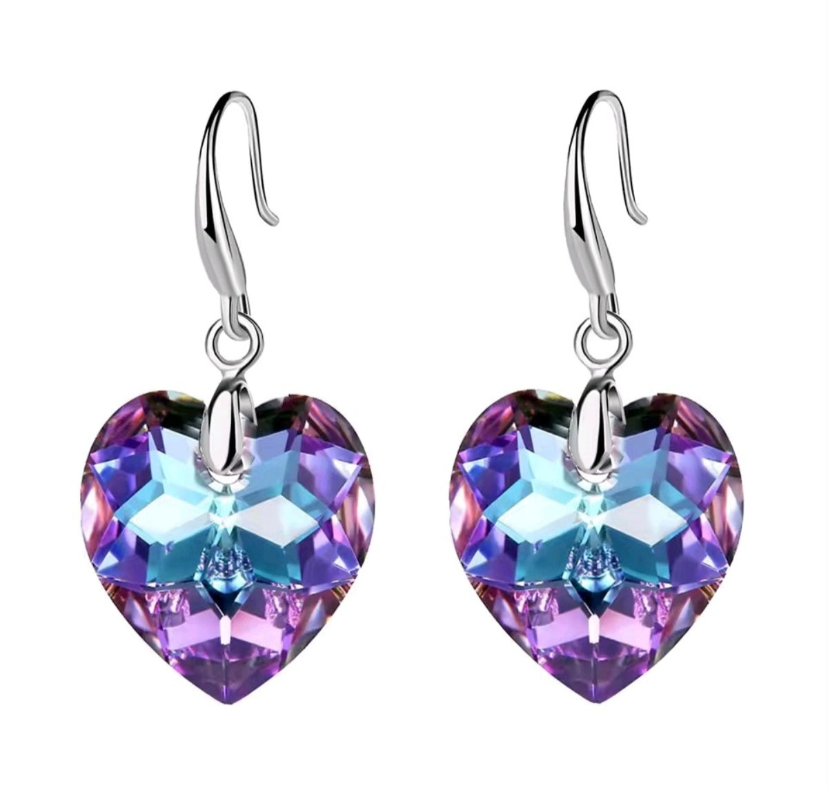 Stainless Steel Silver Blue Purple Crystal Heart Drop Earrings