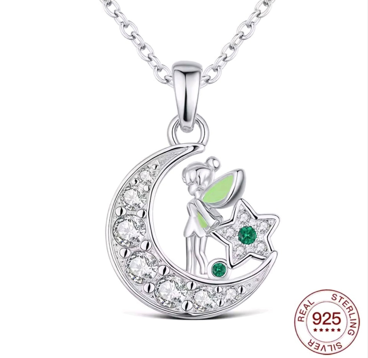 925 Sterling Silver Enchanted Fairy & Star Crescent Moon Pendant
