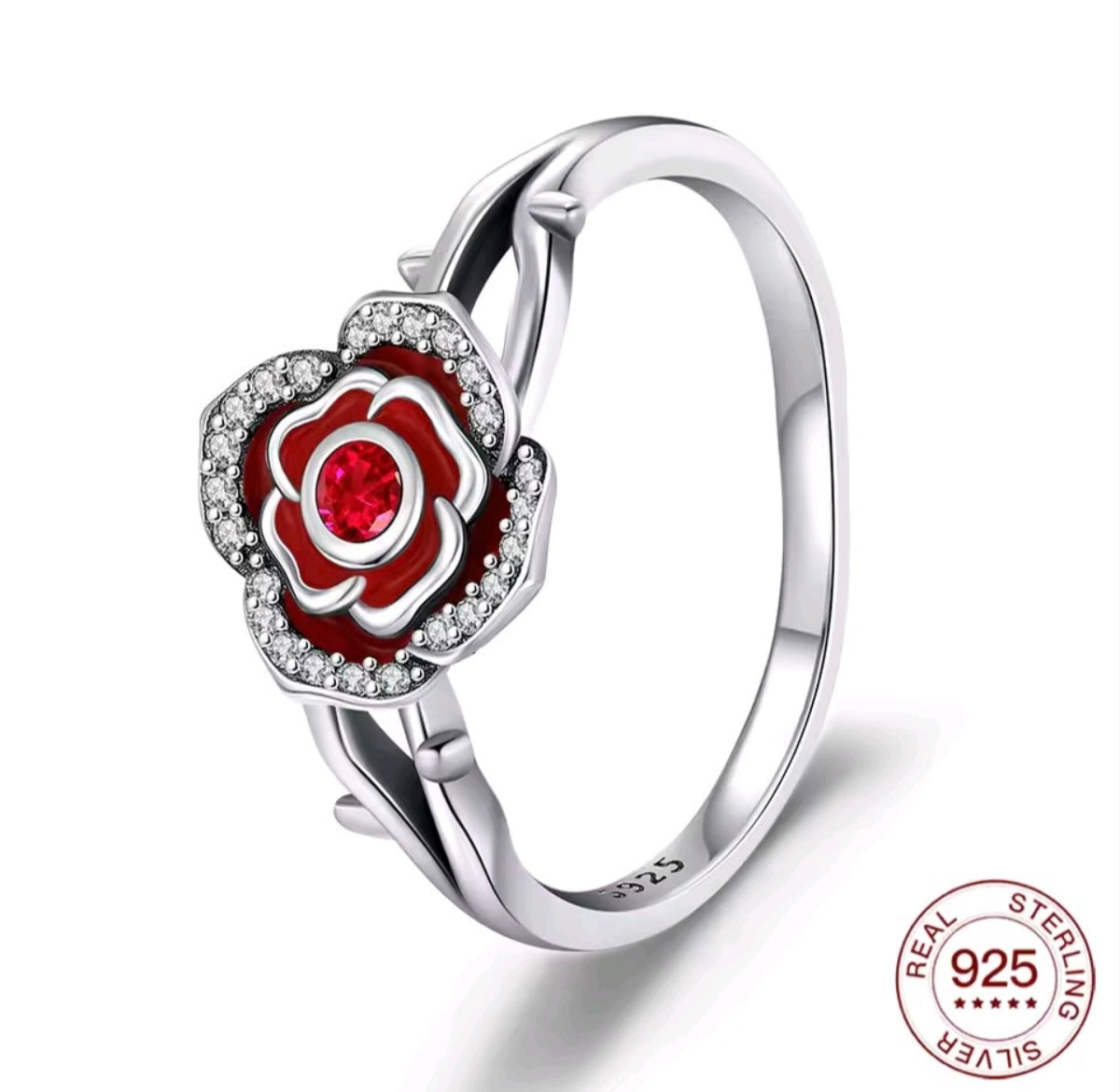 925 Sterling Silver Red Rose Zircon Ring