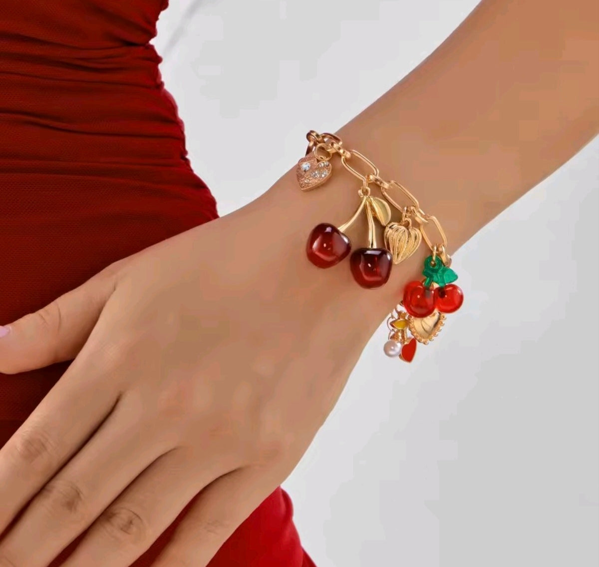 14K Gold-Plated Cherry & Heart Charm Link Bracelet