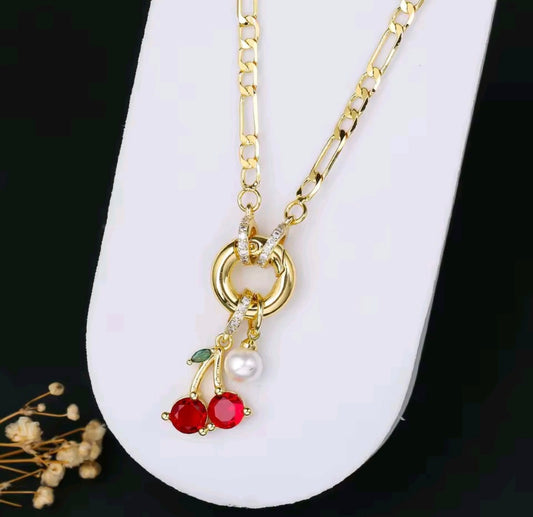 14k gold pink cherry & pearl link chain necklace