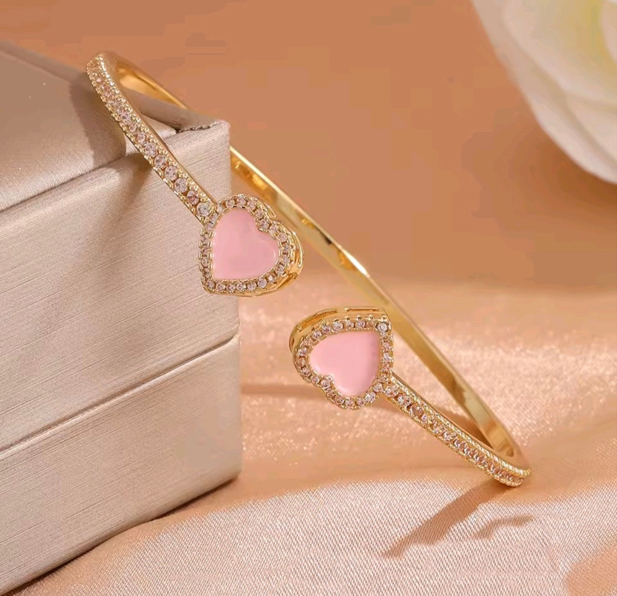 14K Gold-Plated Pink Heart Open Cuff Bangle