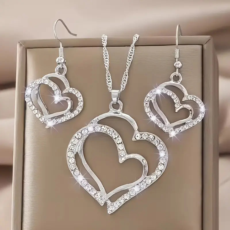 925 Sterling Double-Layer Hollow Heart Pendant Necklace & Earrings Set