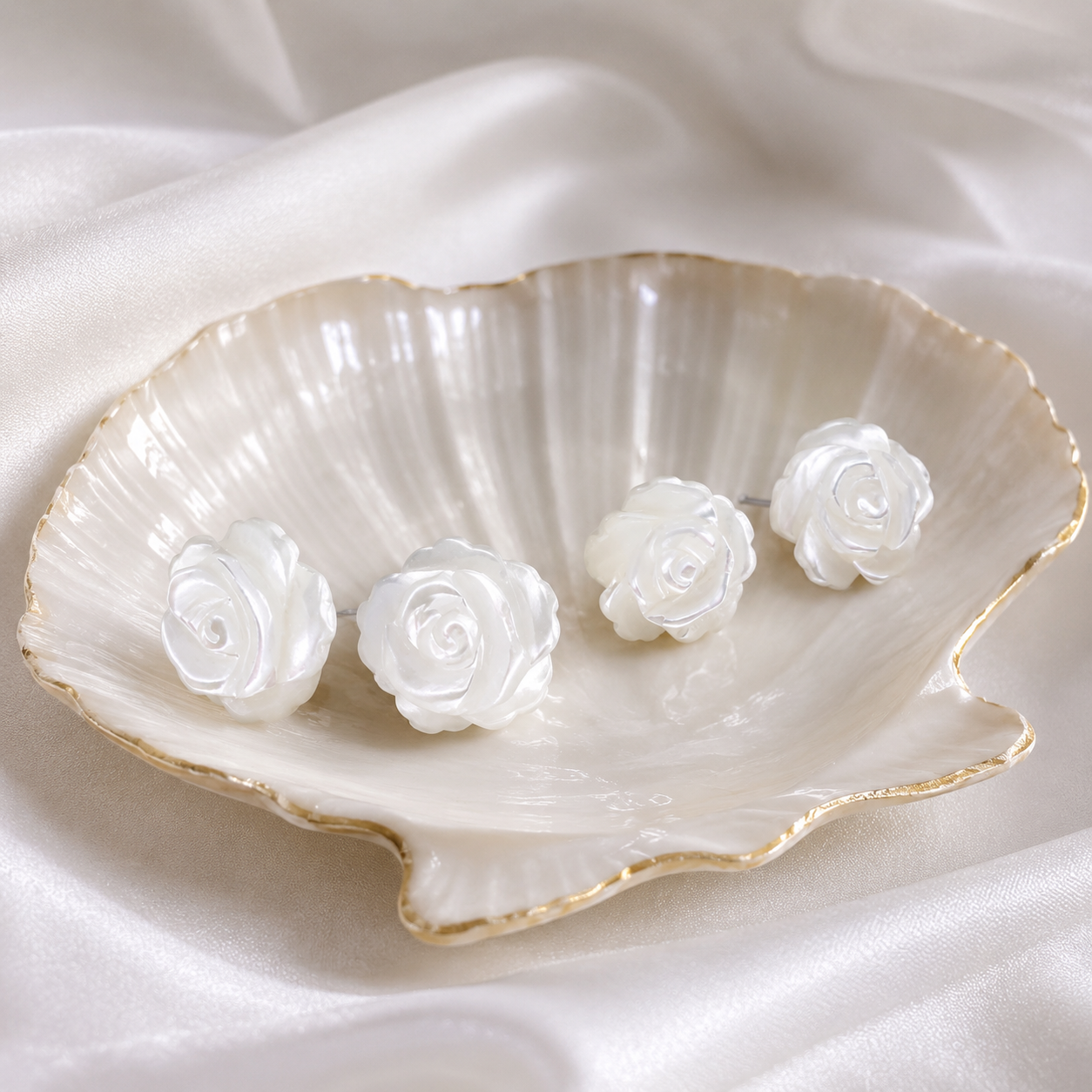 925 sterling silver shell white rose stud earrings
