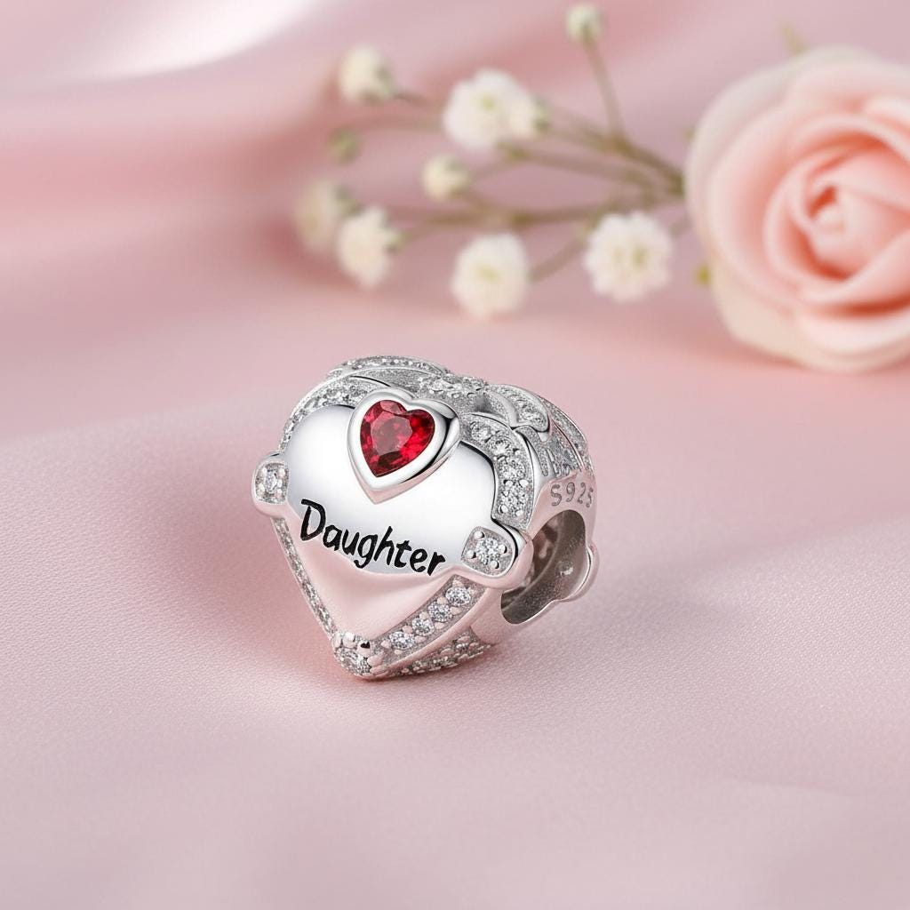 925 Silver Daughter Heart Charm with Red Crystal