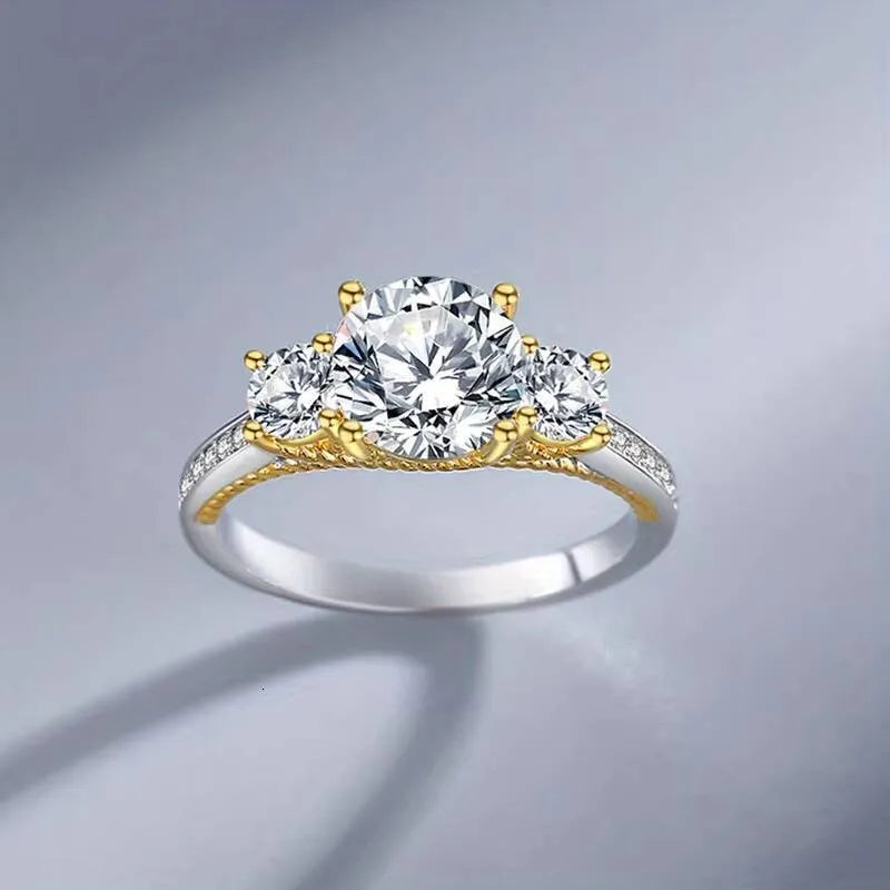 925 Sterling Silver Moissanite Three-Stone Trilogy Ring  Two-Tone 14K Gold Accents