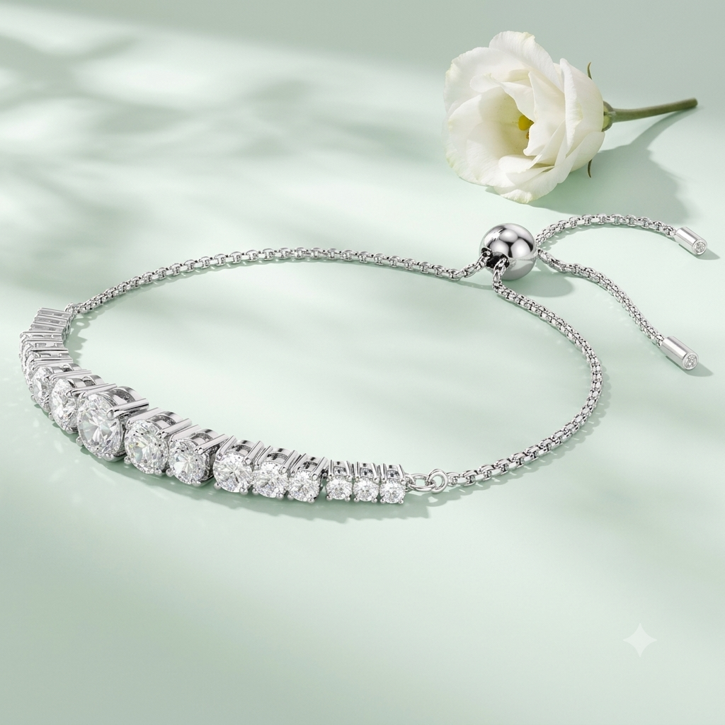 Silver Round Cut Cubic Zirconia Bolo Bracelet
