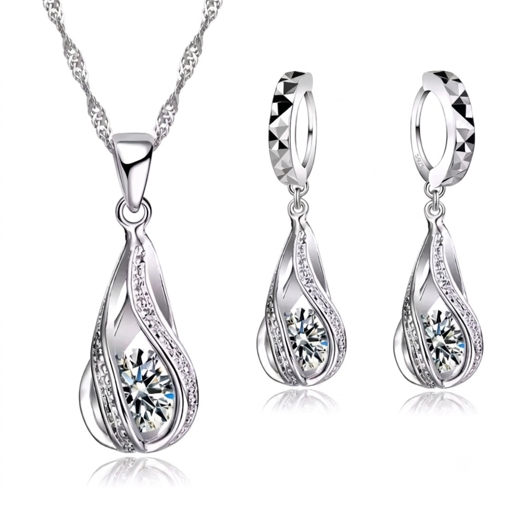 925 sterling silver spiral water drop jewellery set