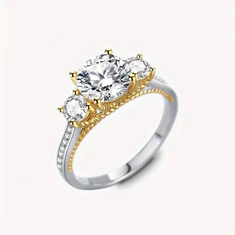 925 Sterling Silver Moissanite Three-Stone Trilogy Ring  Two-Tone 14K Gold Accents