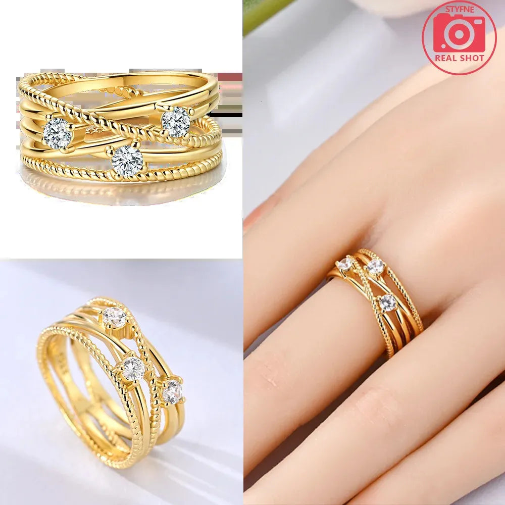 925 Sterling Silver 18K Gold Plated Multi-Layered Cross-Wrapped Ring