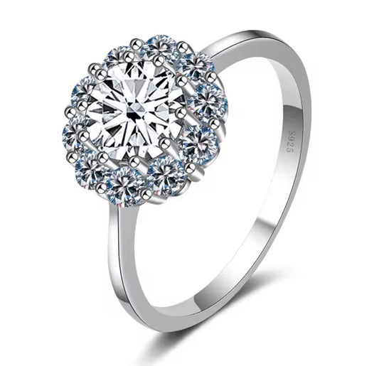 925 Sterling Silver 1ct Moissanite Round Cut Flower Ring