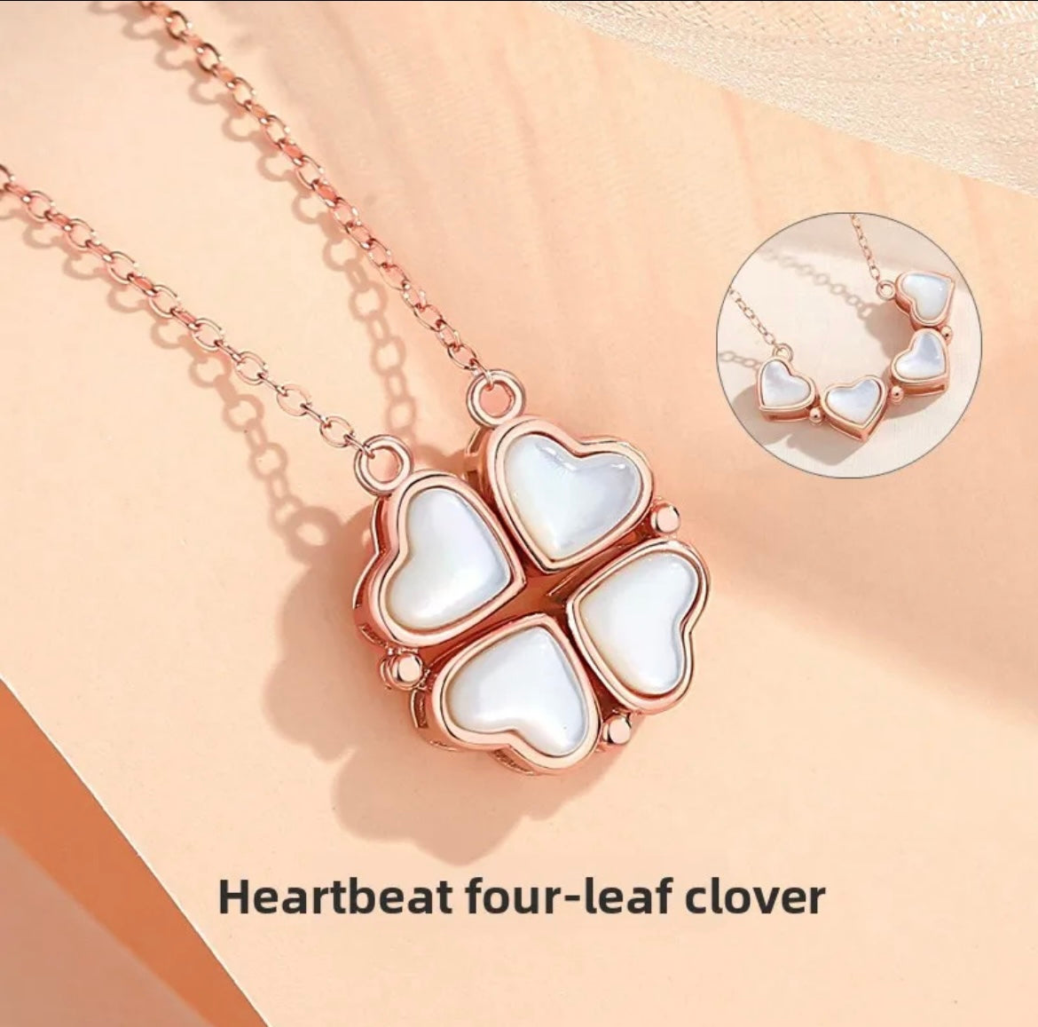 925 Sterling Silver Four-Leaf Clover Mother of Pearl Heart Necklace
