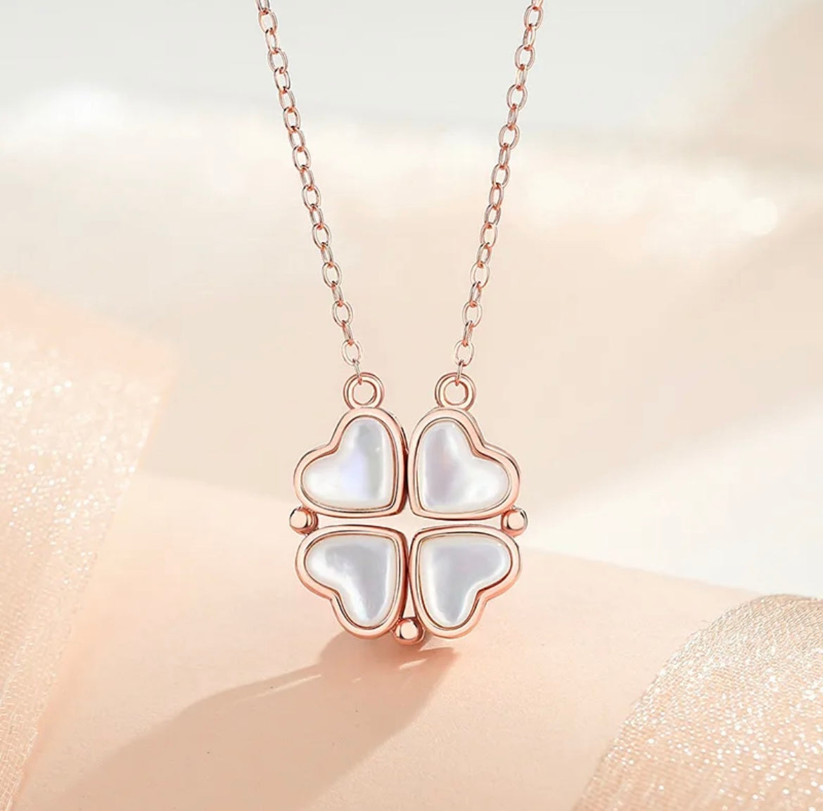 925 Sterling Silver Four-Leaf Clover Mother of Pearl Heart Necklace
