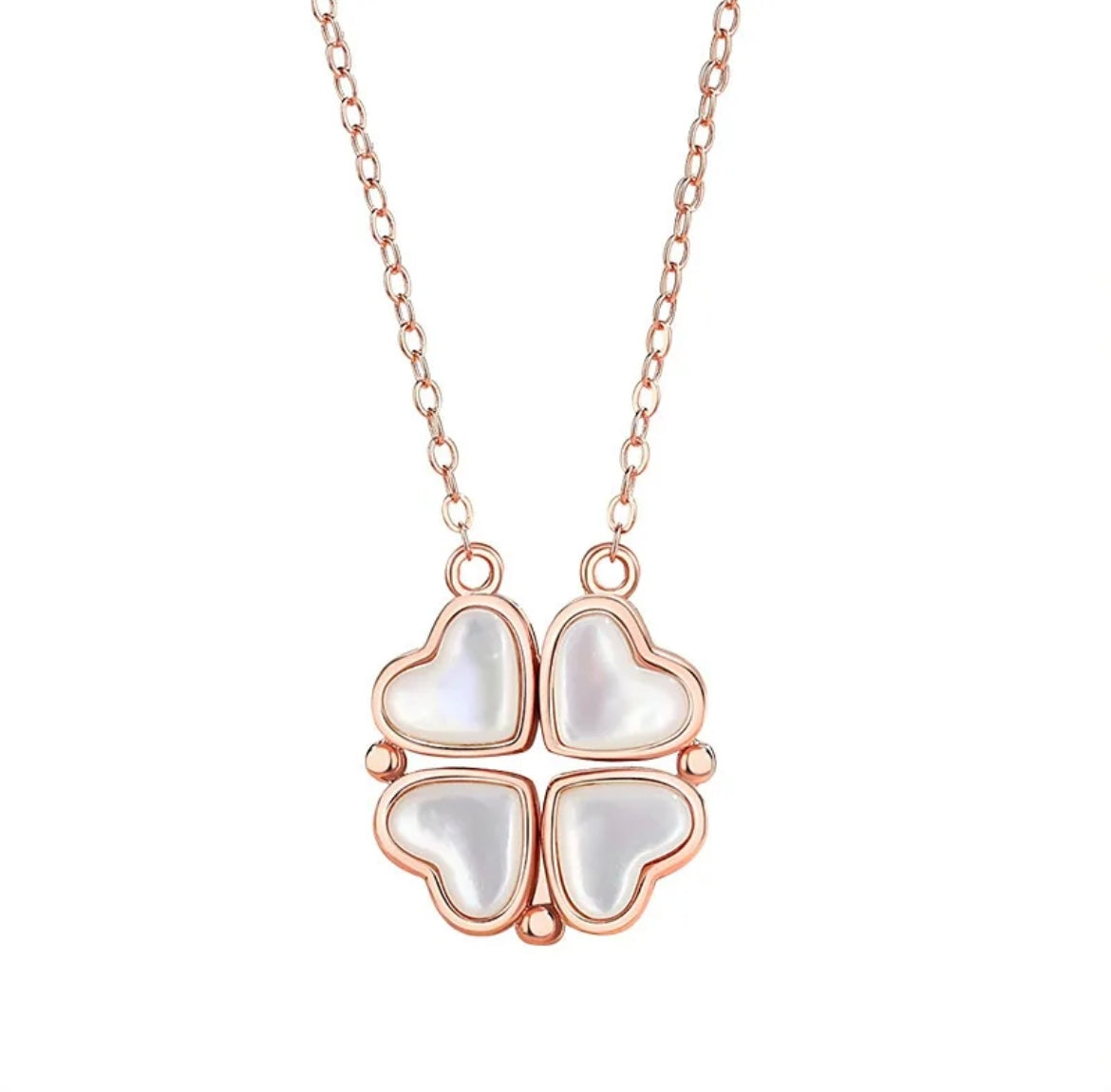 925 Sterling Silver Four-Leaf Clover Mother of Pearl Heart Necklace