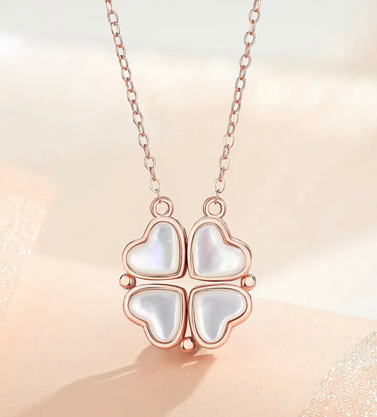 925 Sterling Silver Four-Leaf Clover Mother of Pearl Heart Necklace
