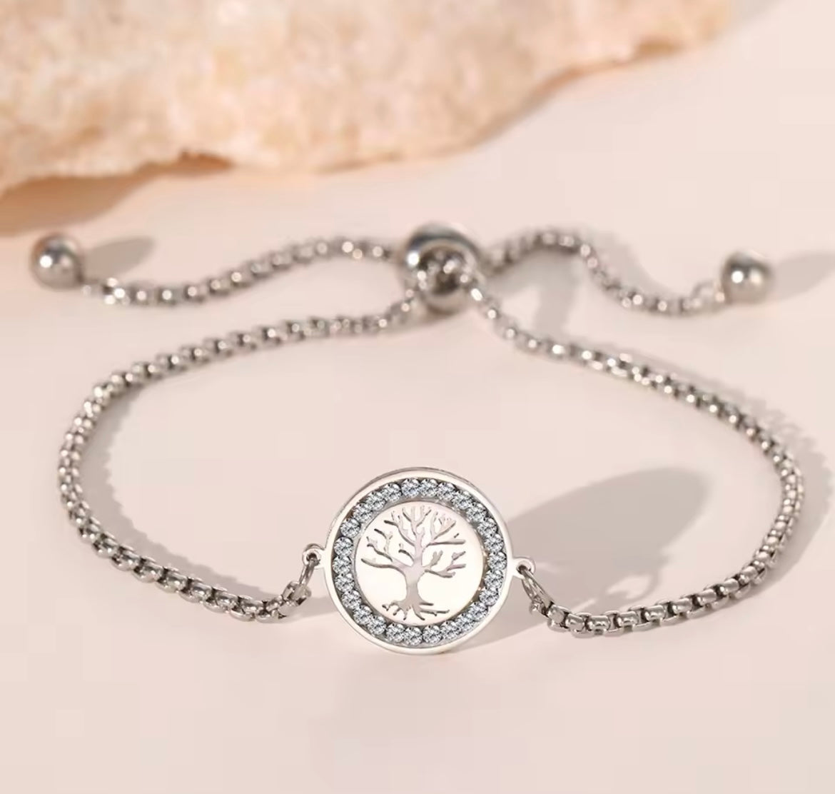 Stainless steel family tree crystal bracelet