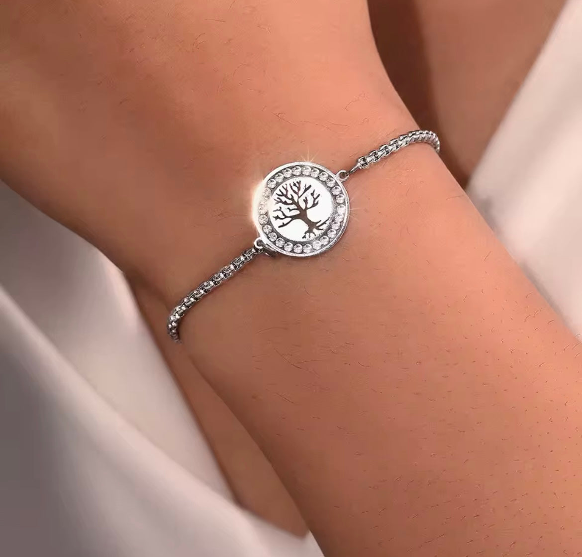 Stainless steel family tree crystal bracelet