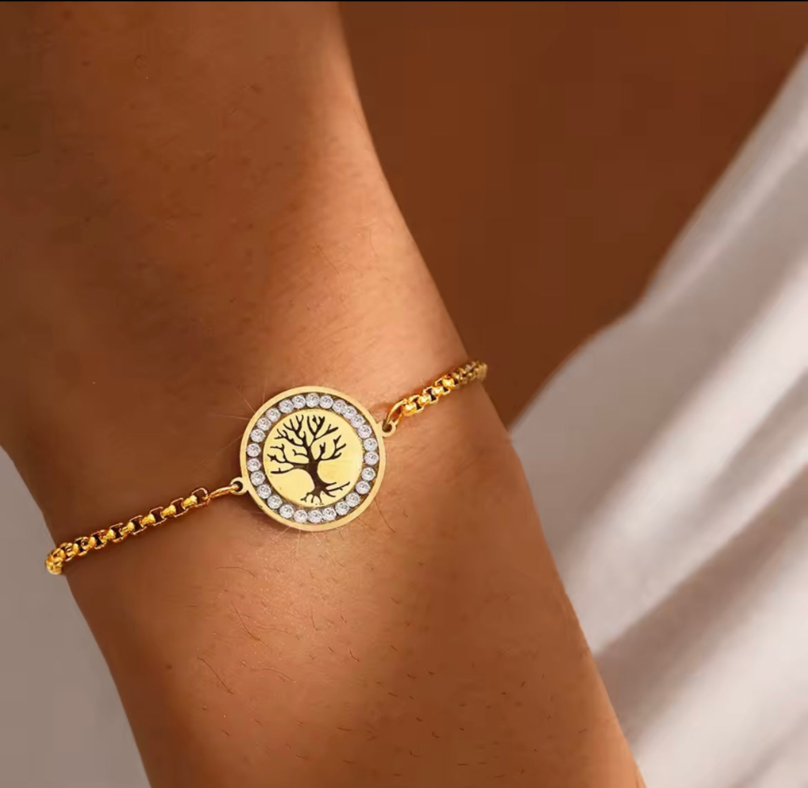 Stainless steel family tree crystal bracelet
