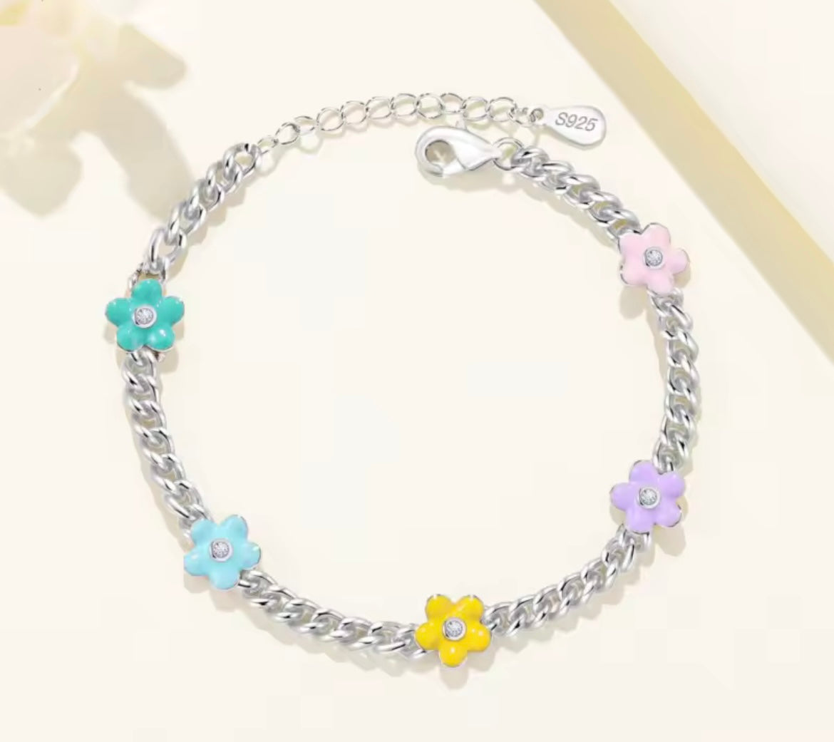 925 Sterling Silver Colourful flower bracelet